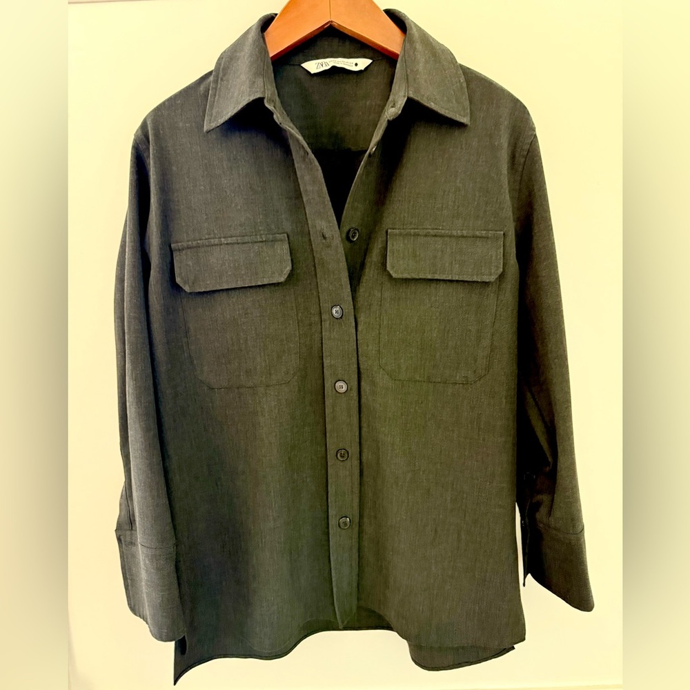 ZARA Women Button-Up Shirt Oversized Utility Business Uniform Jacket Size XS NEW